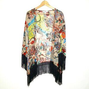Sans Souci Kimono Cardigan Fringe Colorful Womens Large Oversized Topper Floral